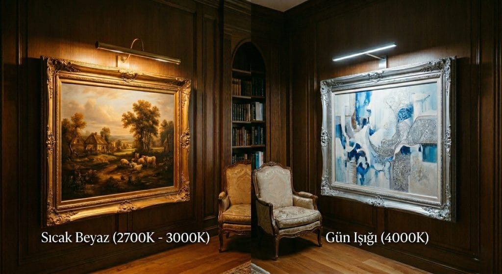 Sanat odasında farklı ışıklandırma sıcaklıklarında aydınlatılmış tabloların karşılaştırmalı görüntüsü. Sol tarafta sıcak beyaz (2700K-3000K) ışıkla aydınlatılmış klasik bir manzara tablosu, sağ tarafta gün ışığı (4000K) ile aydınlatılmış modern bir soyut tablo görülmektedir.