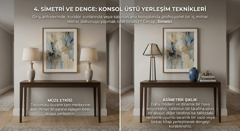 Modern bir antre koridorunda iki farklı konsol yerleşim tekniğini gösteren karşılaştırmalı görsel: Solda iki abajurlu simetrik dekorasyon, sağda bir abajur, vazo ve kitaplardan oluşan asimetrik şıklık örneği.