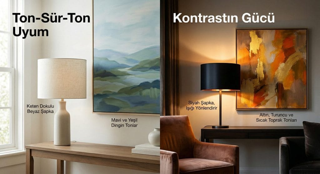 Ton-sür-ton ve kontrast uyumunu gösteren iki farklı dekorasyon senaryosu: Solda mavi tablo ile beyaz keten abajur, sağda turuncu tablo ile siyah abajur kombinasyonu