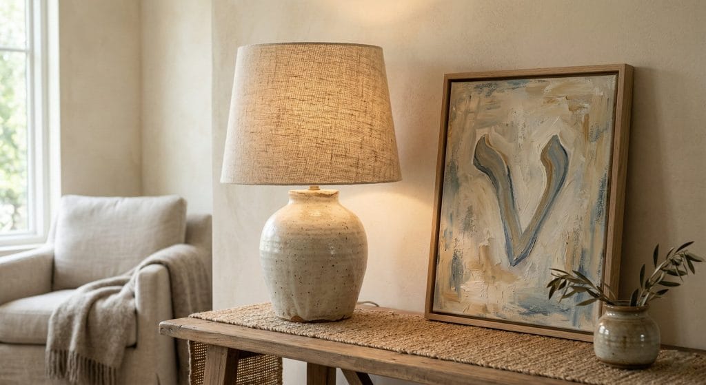 Rustik bir ahşap konsol üzerinde el yapımı seramik tabanlı keten abajur ve Vavimadule imzalı organik dokulu el boyaması tablo.