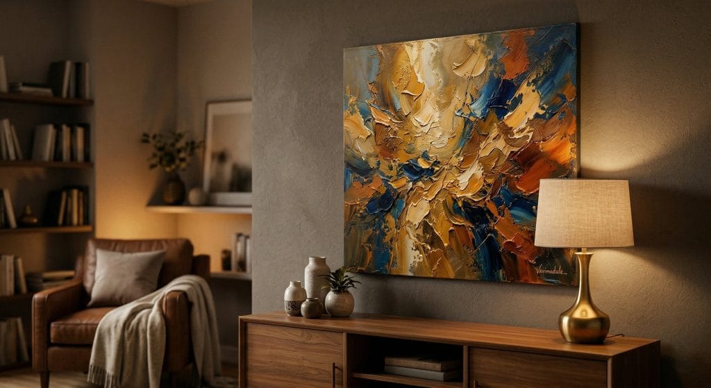 Konsol üzerinde abajur ışığıyla vurgulanmış, fırça izleri belirgin modern bir Vavimadule tablosu.